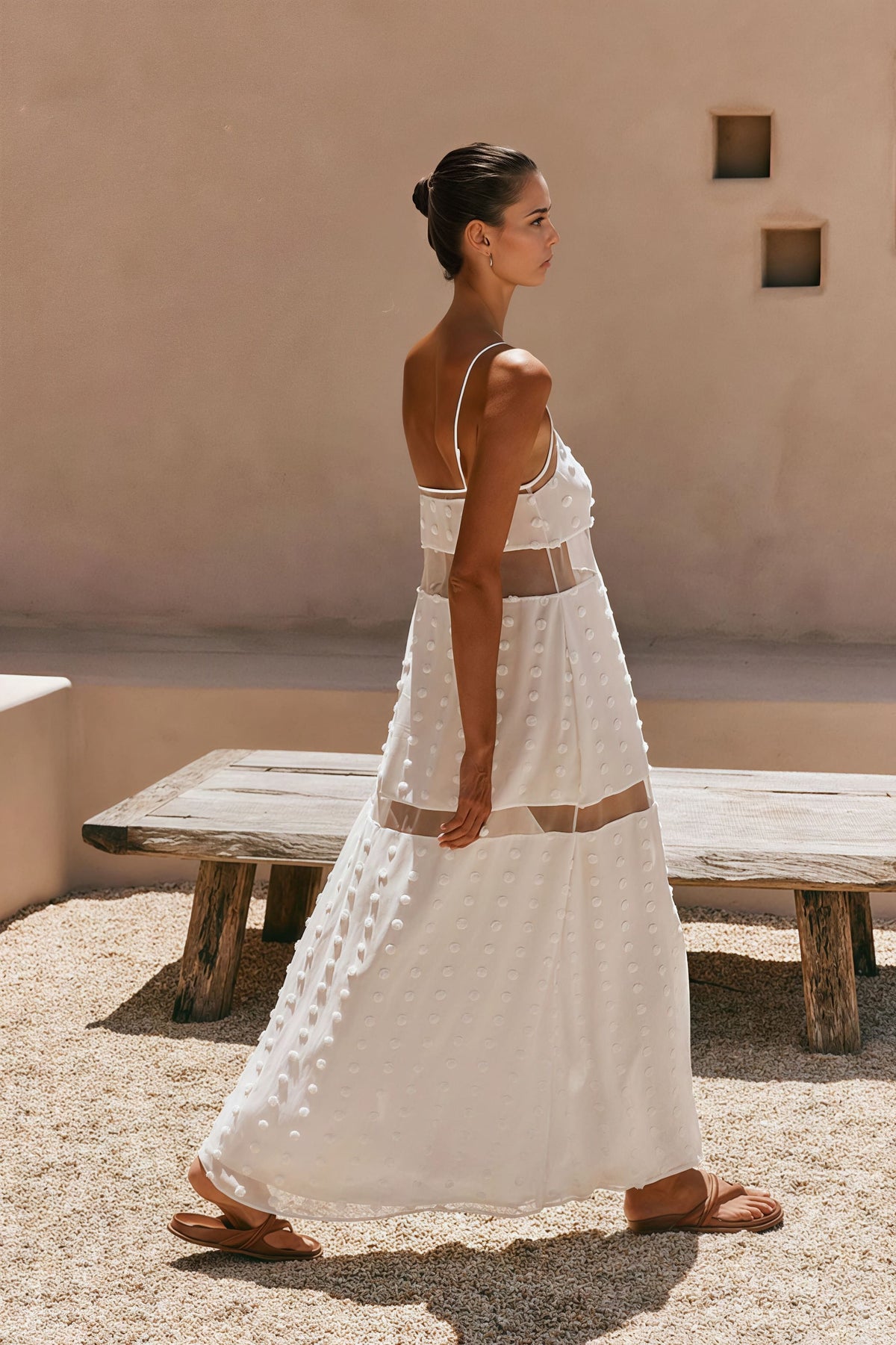 Textured Dot Square Neck Tiered Sheer Maxi Dress