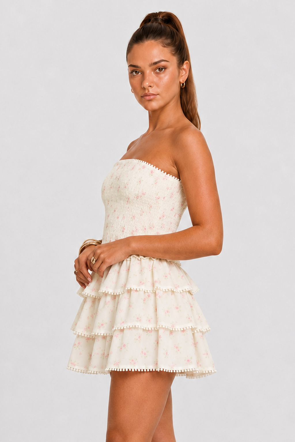 Floral Print Strapless Smocked Tiered Mini Dress