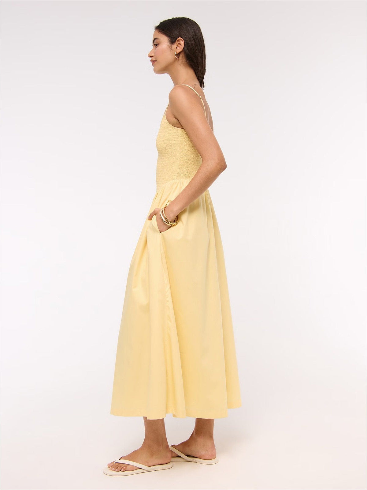 Striped Shirred Bodice A-Line Midi Dress