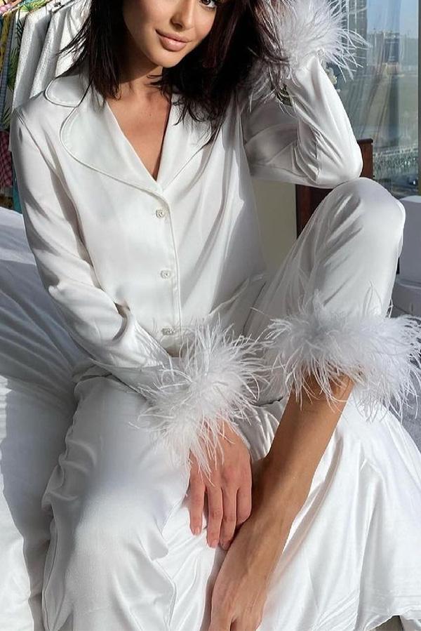Solid Color Lapel Feather Trousers Two-piece Suit - Fashionpara