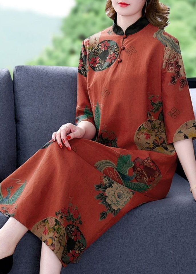 Medallion Print Mandarin Collar Frog Button Half Midi Dress