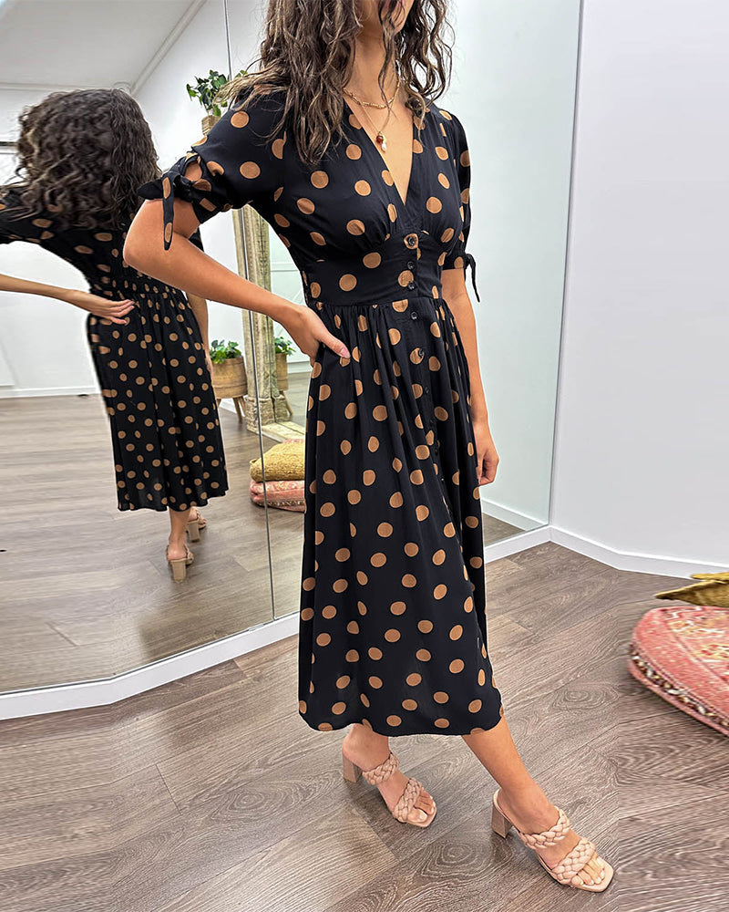 Polka Dot Deep V-Neck Button Front Puff Sleeve Tie Cuff Midi Dress - View 2