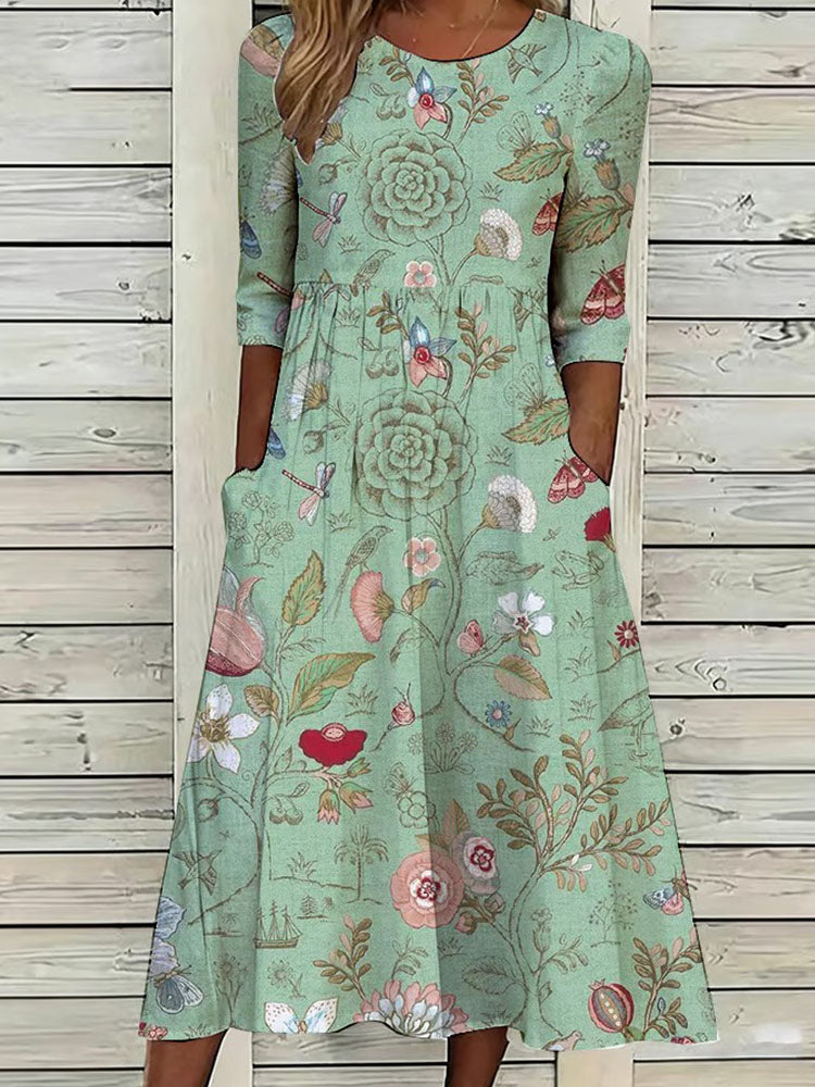 Round Neck Long Sleeve Botanical Floral Print Midi Dress 3
