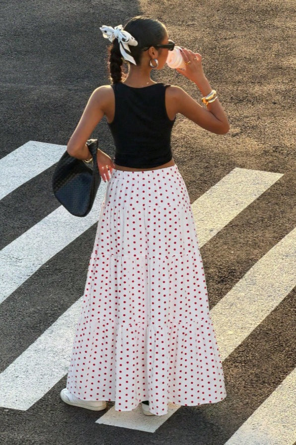 Polka Dot Ruffle Maxi Skirt