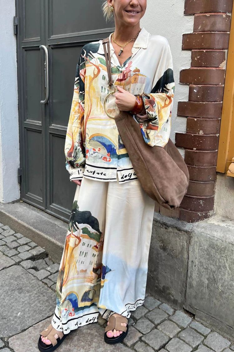 Ellison Unique Print Elastic Waist Pocketed Wide Leg Pants - Fashionpara