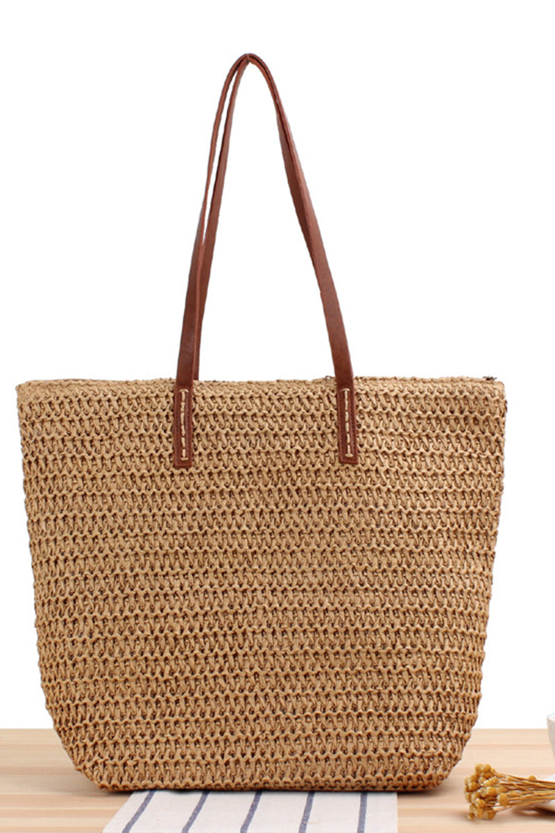 Trendy Leather Strap Woven Straw Beach Shoulder Bag - Fashionpara
