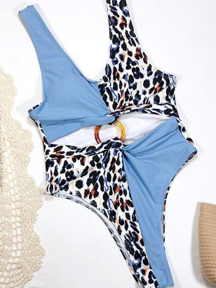 Leopard Print Color Block Cutout O Ring One-piece Swimsuit (2 Colors) - Fashionpara