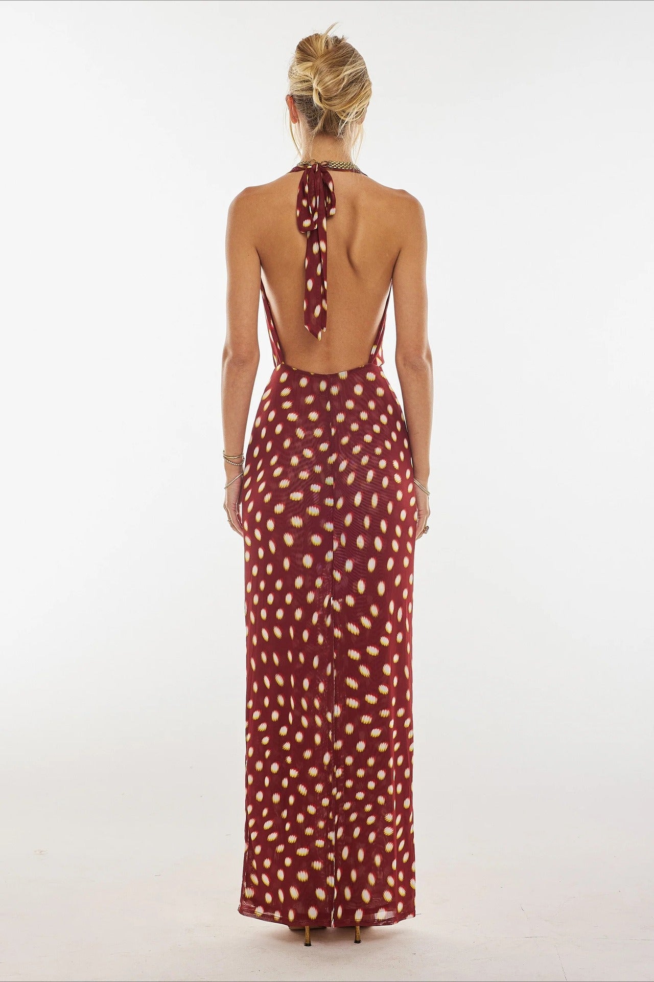 Polka Dot Print Halter Waist Tie Maxi Dress