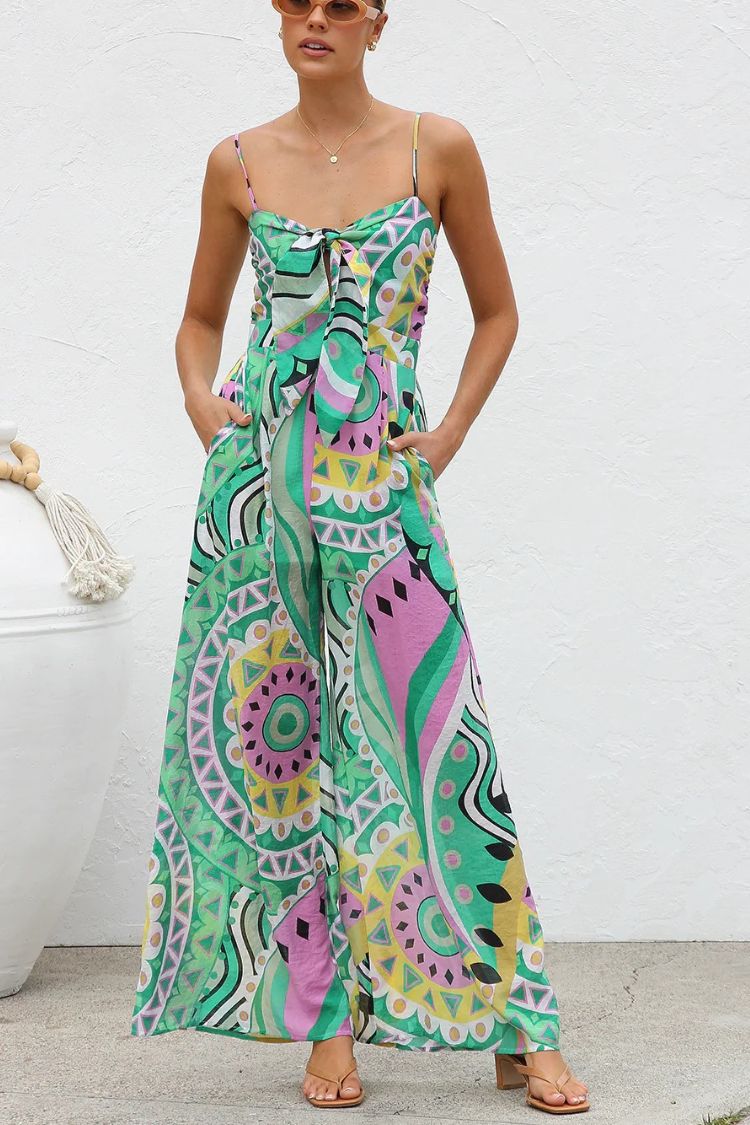 Unique Printed Suspender Back Pleated Pocket Wide-leg Jumpsuit - Fashionpara