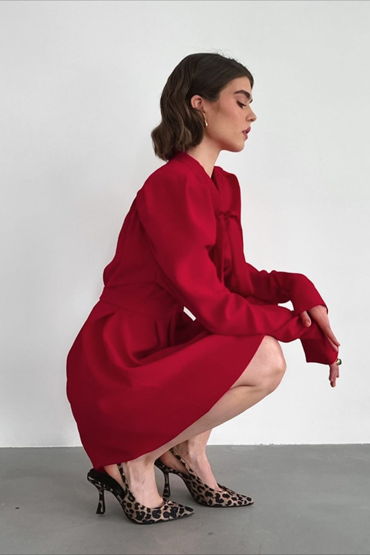 Satin High Neck Puff Sleeve Wrap Mini Dress