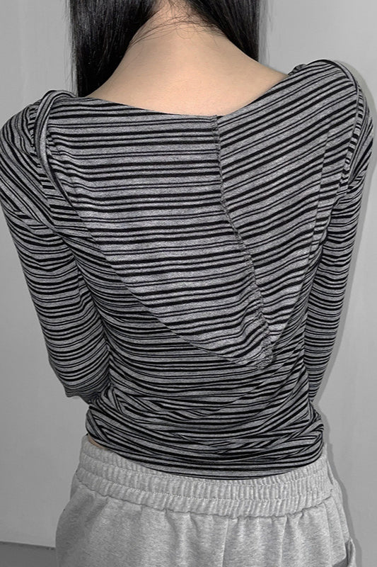 Hooded Striped Color Block Button V Neck Long Sleeve Blouse