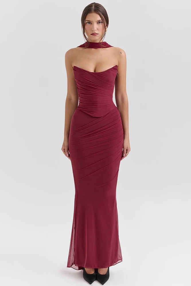 Wine Red Strapless Crop Top and Maxi Dress Set
