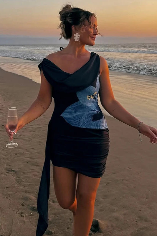 Floral Print Off Shoulder Ruched Bodycon Mini Dress