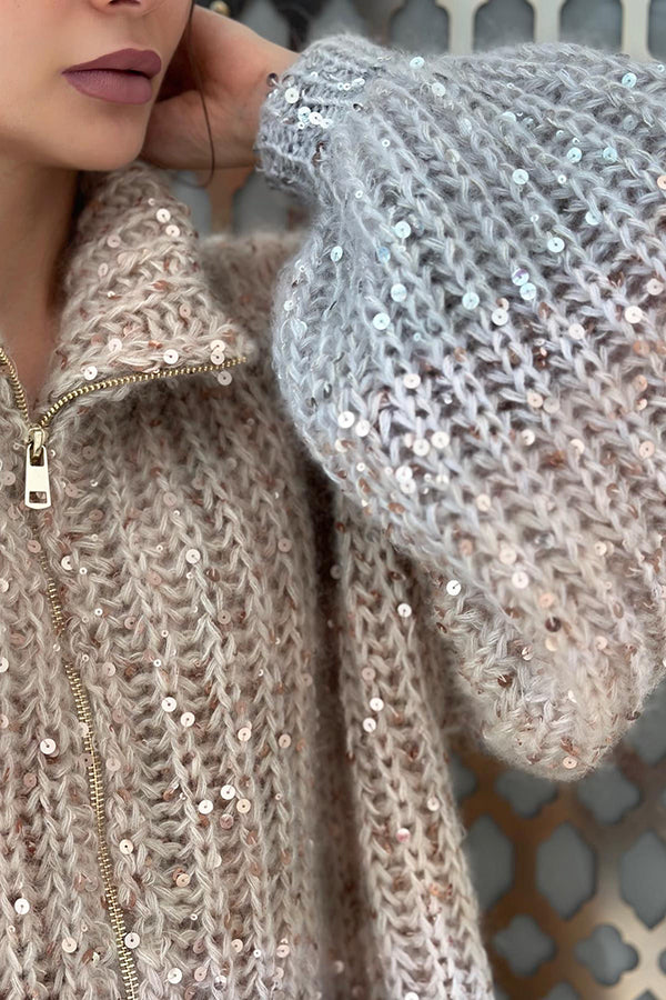 Chic Loose Knit Cardigan with Sequin Balloon Sleeves