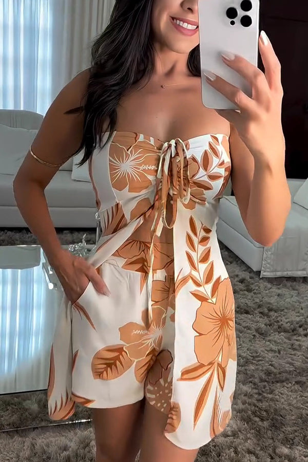 Floral Print Sexy Bandeau Drawstring Top and Elastic Waist Pocket Shorts Set - Fashionpara