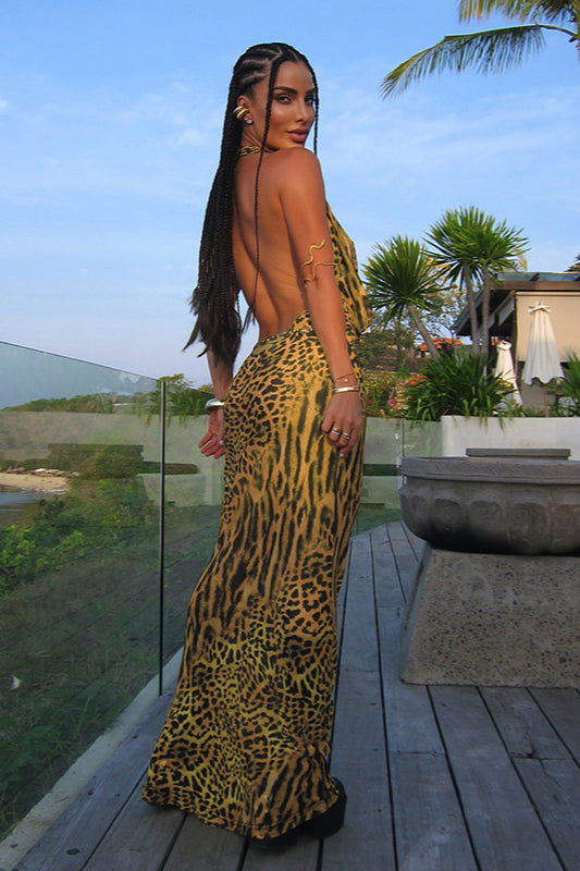 Slim Fit Leopard Cowl Backless Maxi Dress
