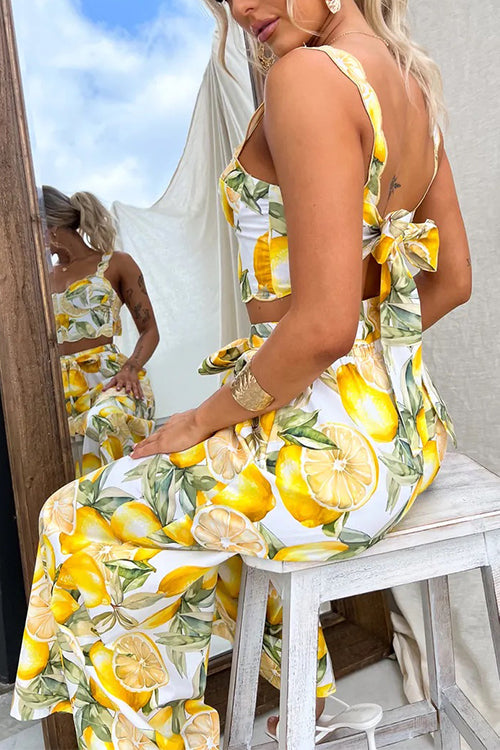 Tie Bow Backless Lemon Print Crop Cami Top - Fashionpara