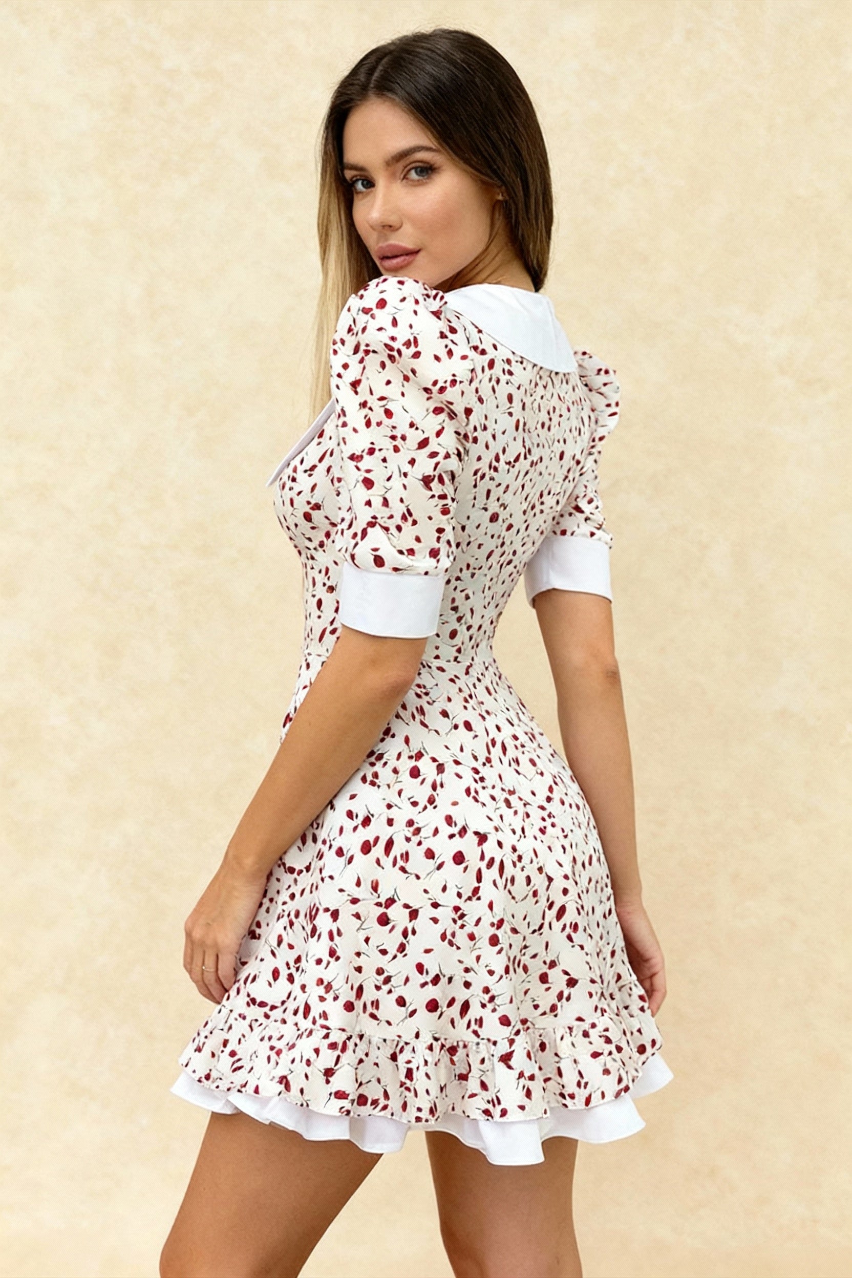 V-Neck Floral Puff Sleeve Babydoll Mini Dress