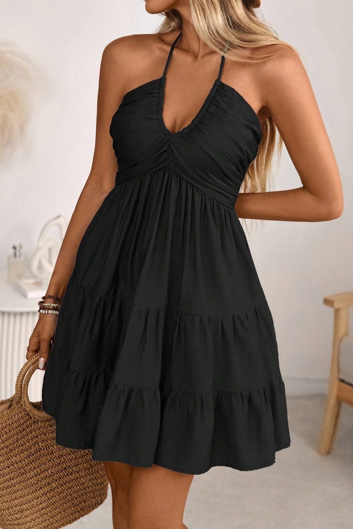 Halter V-Neck Tiered Fit and Flare Mini Dress