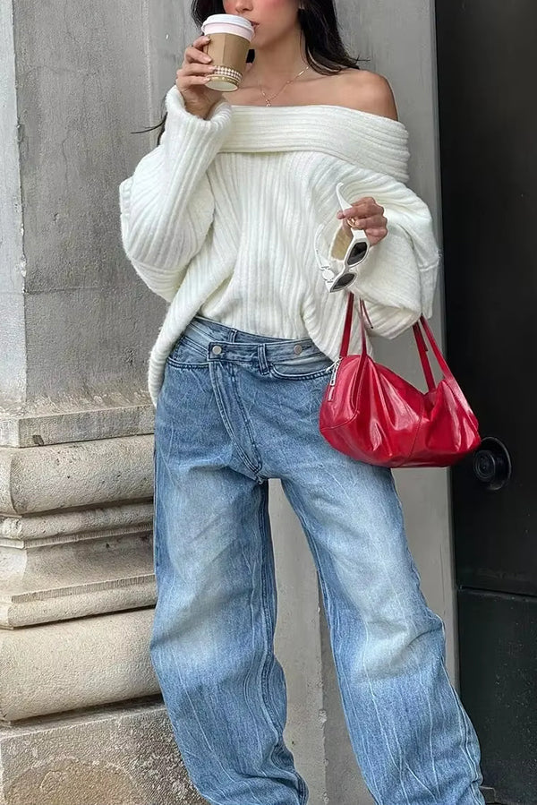 Lady Rin Casual Knitted Sweater with Unique Irregular Collar