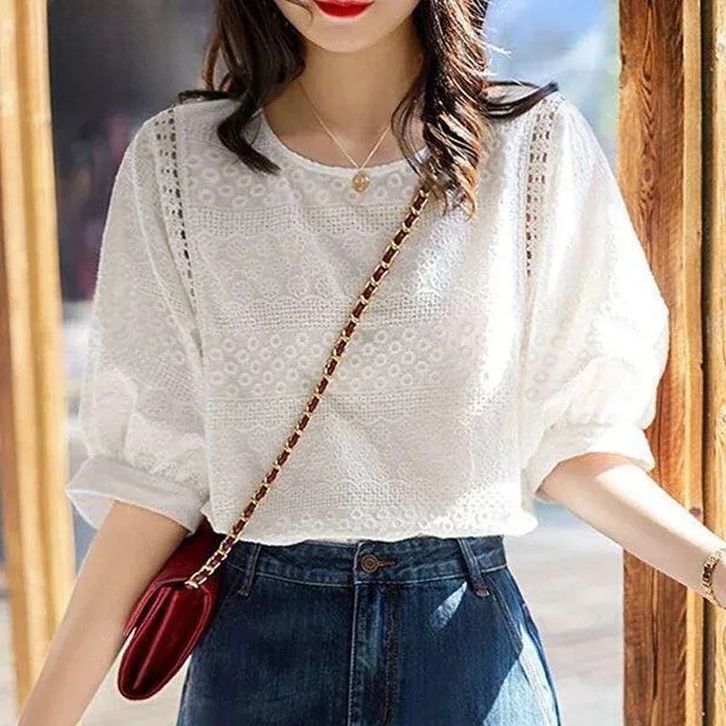 Korean Lantern Sleeve Embroidered Cotton Lace Blouse