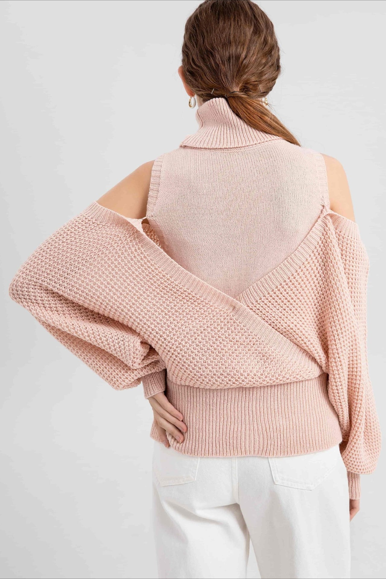 PrincessAce High Neck Off-Shoulder Layered Knit Sweater