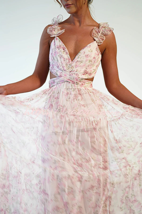 Garden Fairy Tulle Floral Ruffle Detail Cutout Waist Back Tie-up Maxi Dress - Fashionpara