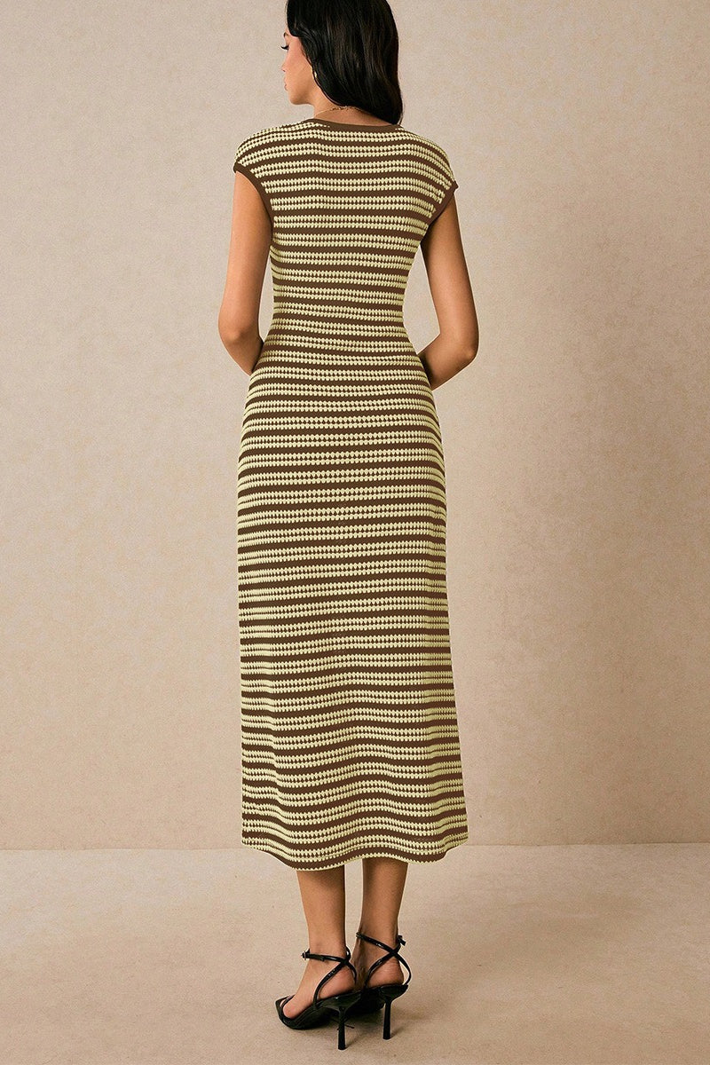 Striped Knit Crew Neck Cap Sleeve Bodycon Midi Dress