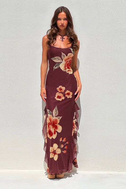 Floral Mesh Tie Split Bodycon Cami Party Dress