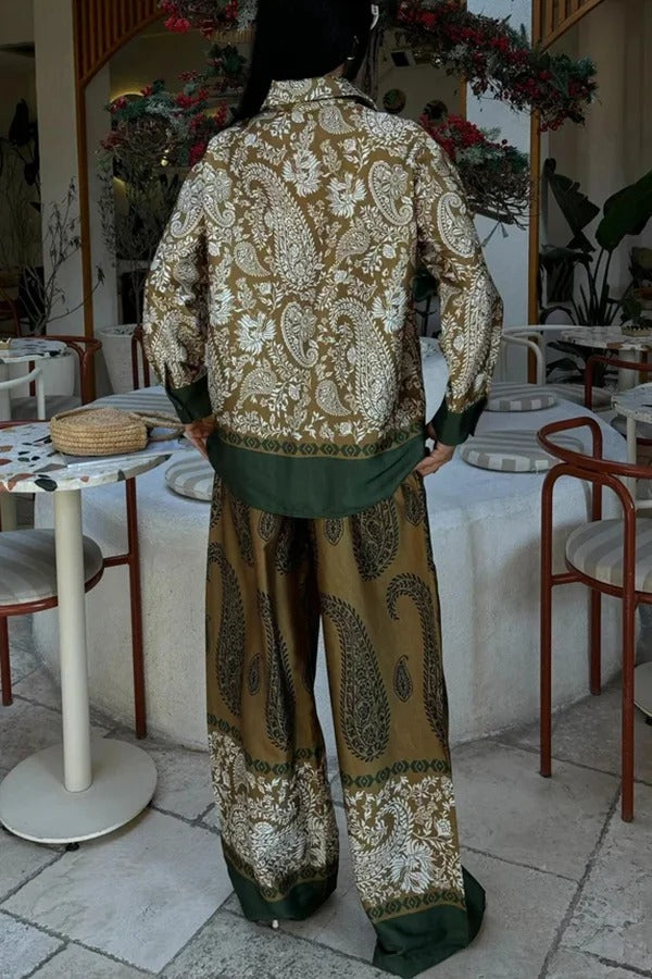 Naya Satin Contrast Color Paisley Long Sleeve Shirt and Elastic Waist Pocketed Pants Set - Fashionpara