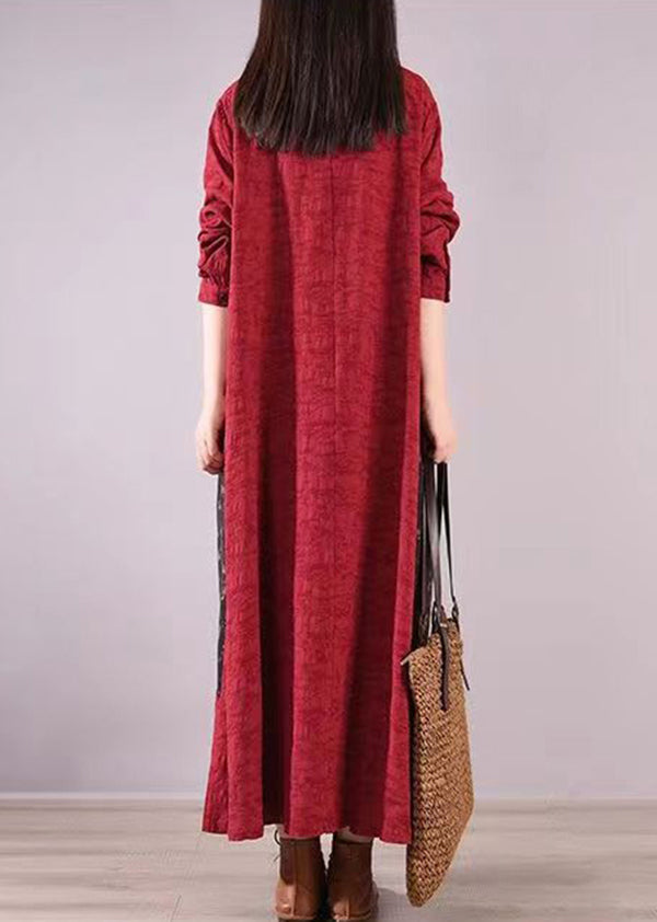 Linen Stand Collar Button Front Patchwork Panel Pocket Maxi Dress - View 4