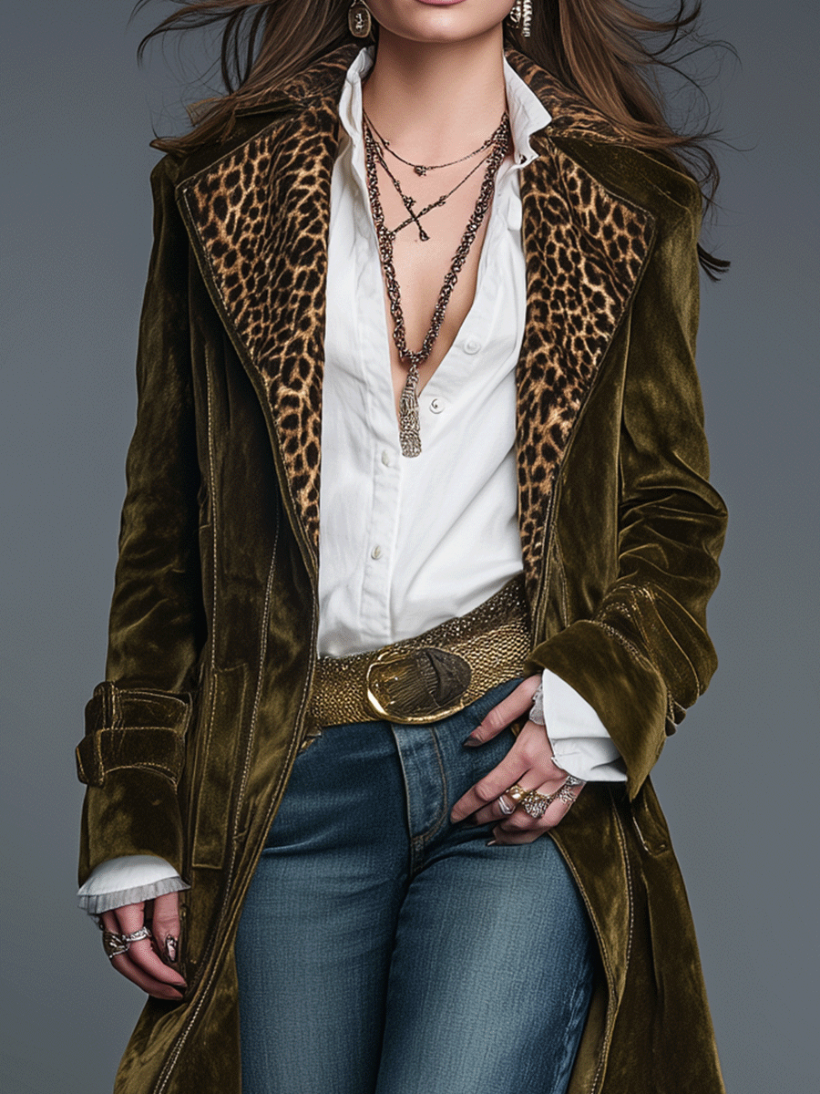 Boho Luxe Olive Velvet Leopard Lapel Long Coat - Fashionpara