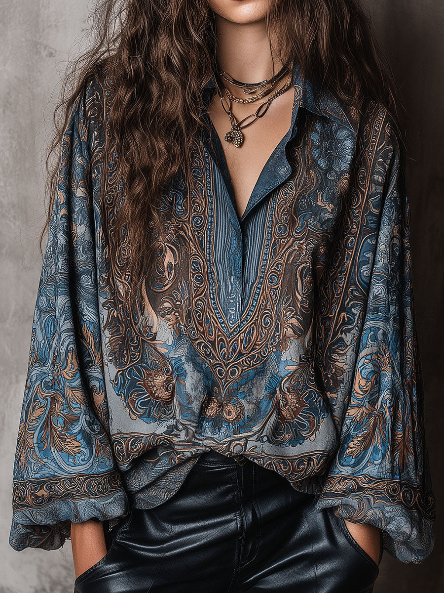 Retro Blue Bronze Baroque Paisley Print Loose Blouse - Fashionpara