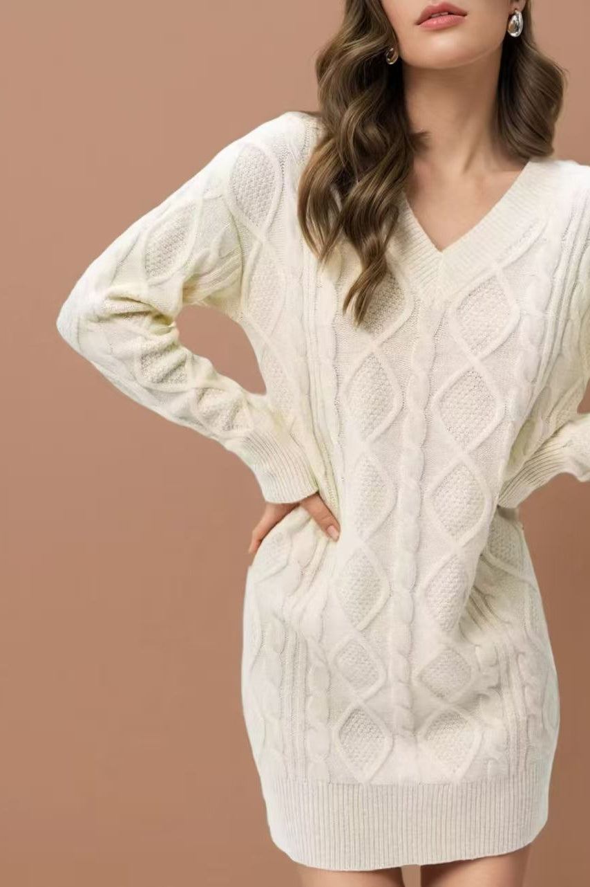 V Neck Cable Knit Work Dress