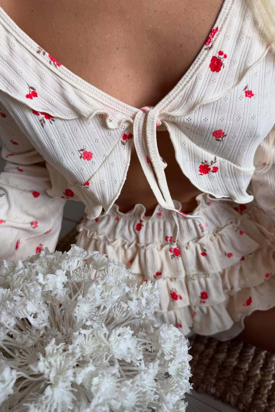 Floral Knitted Short Long Sleeve Shorts Loungewear Two Piece Set