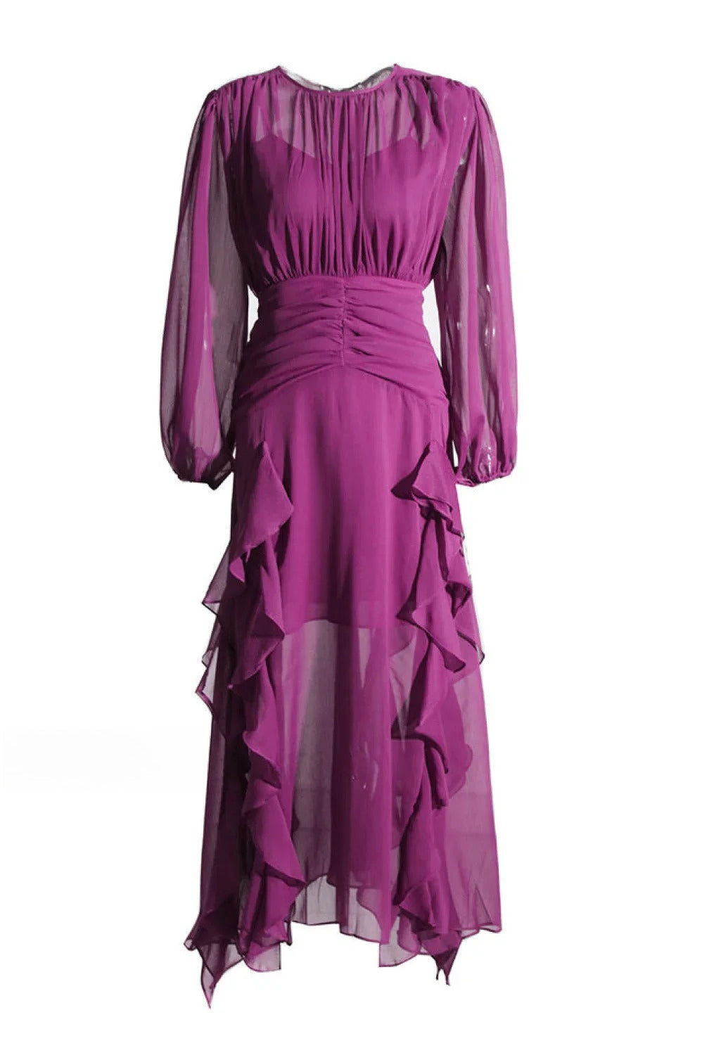 Chiffon Crew-Neck Long Sleeve Ruffle Maxi Dress
