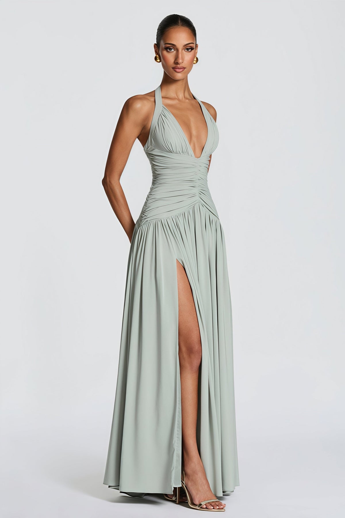 Halter Neck Plunge Ruched High Split Maxi Gown 3