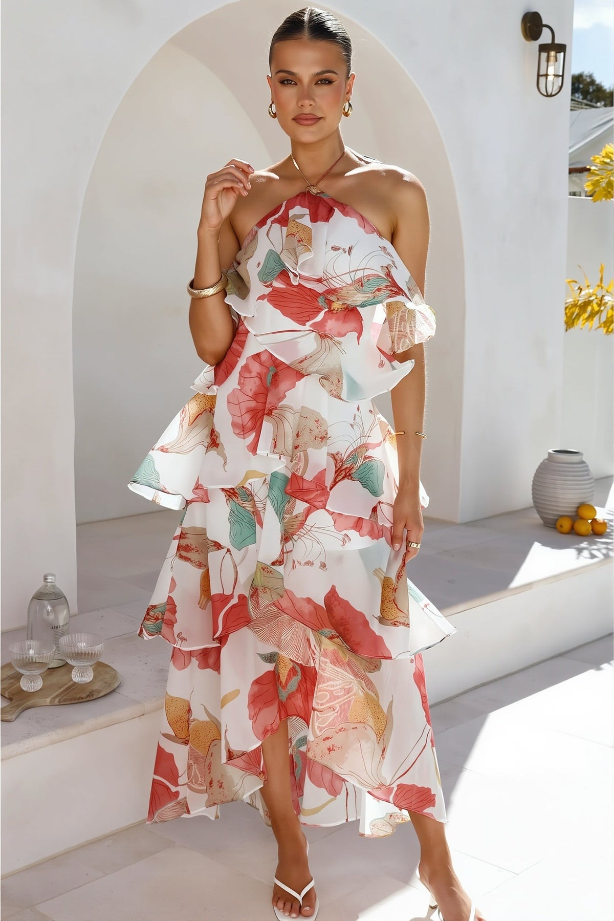 Floral Halter Tiered Ruffle High Low Midi Dress 6