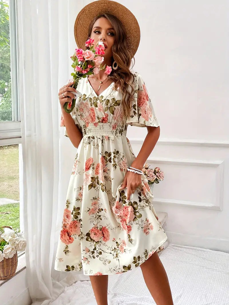 Floral Print V-Neck Flutter Sleeve Shirred Waist Midi Dress - View 3