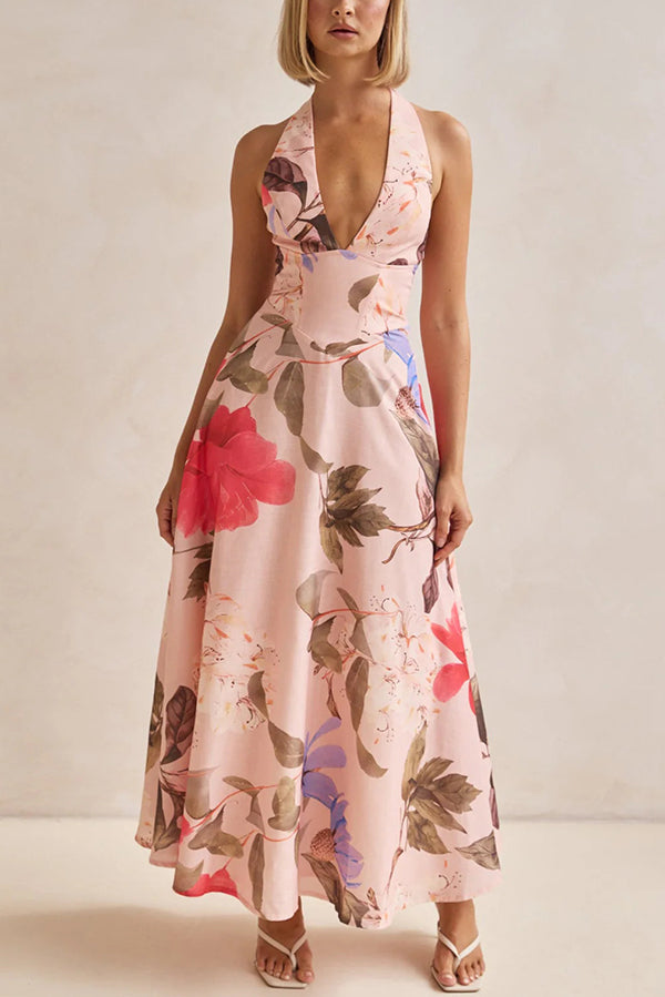 Terez Linen Blend Floral Print Halter Backless Tie-up Maxi Dress - Fashionpara