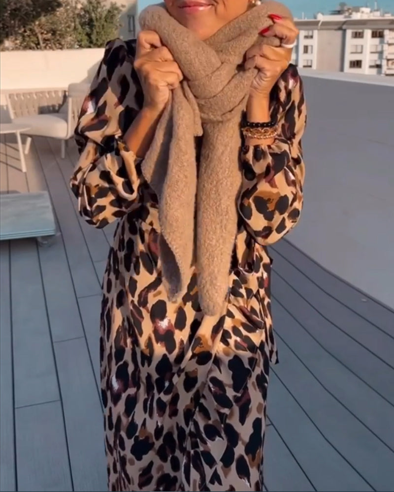 Leopard Print V-Neck Wrap Puff Sleeve Tie Waist Ruffle Trim Midi Dress - View 3