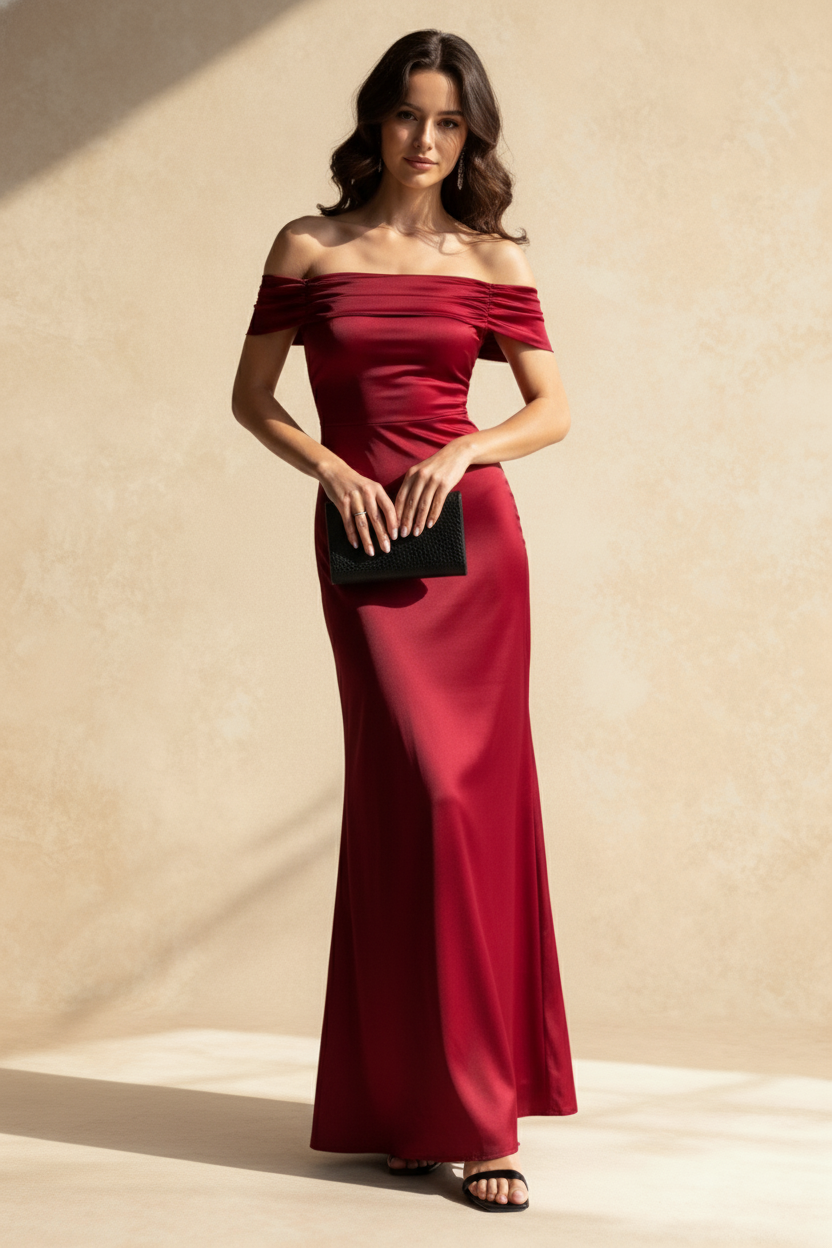 Off Shoulder Ruched Satin Column Maxi Dress