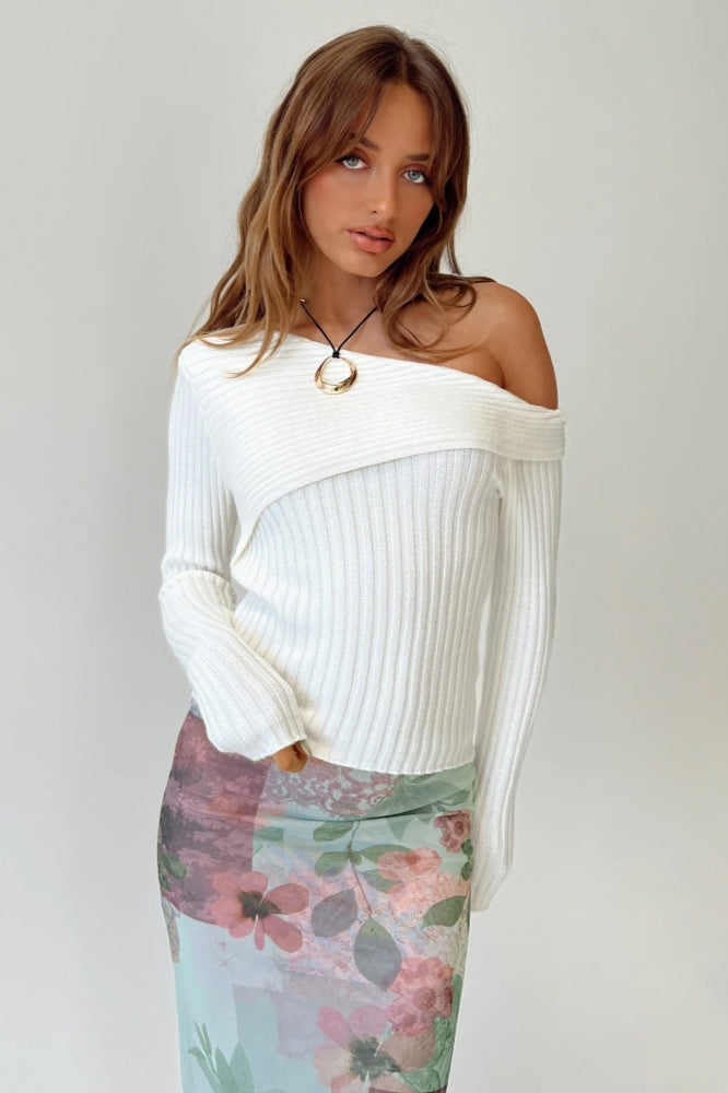 PrincessAce Fitted Off-Shoulder Ribbed Knit Sweater