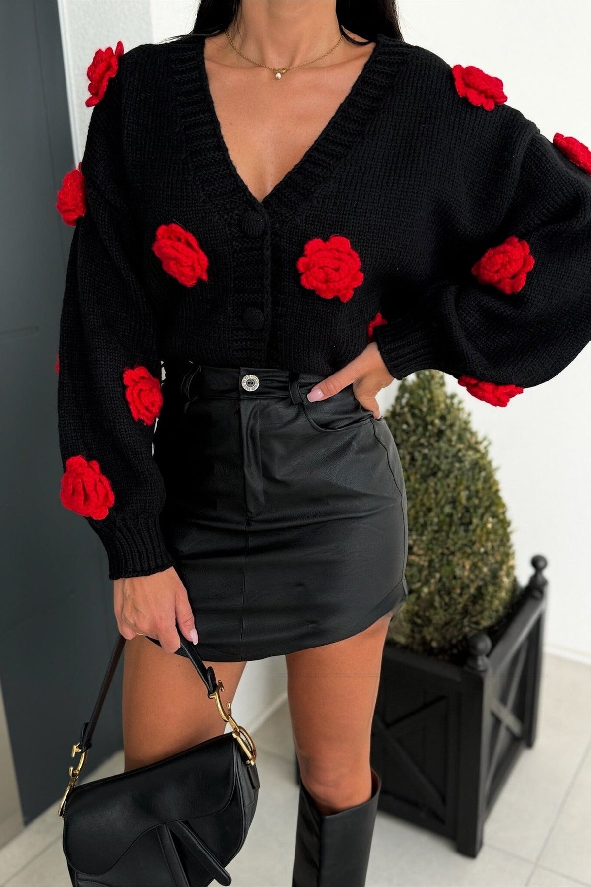 3D Floral V Neck Knit Sweater