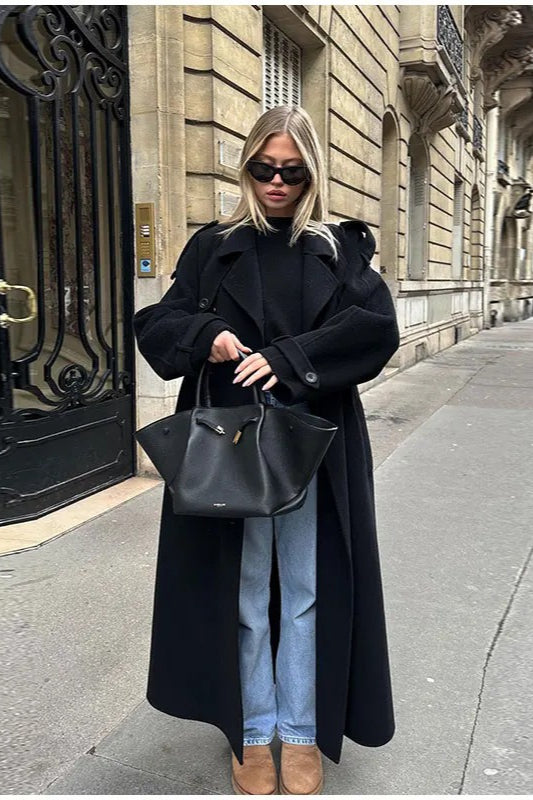 Elegant Double-Breasted Long Overcoat with Turn-Down Collar