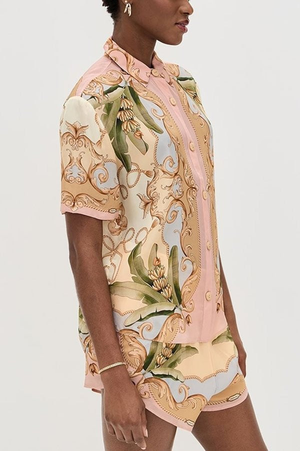 Royalty Unique Print Button Up Short Sleeve Shirt and Elastic Waist Pocketed Loose Shorts Set - Fashionpara