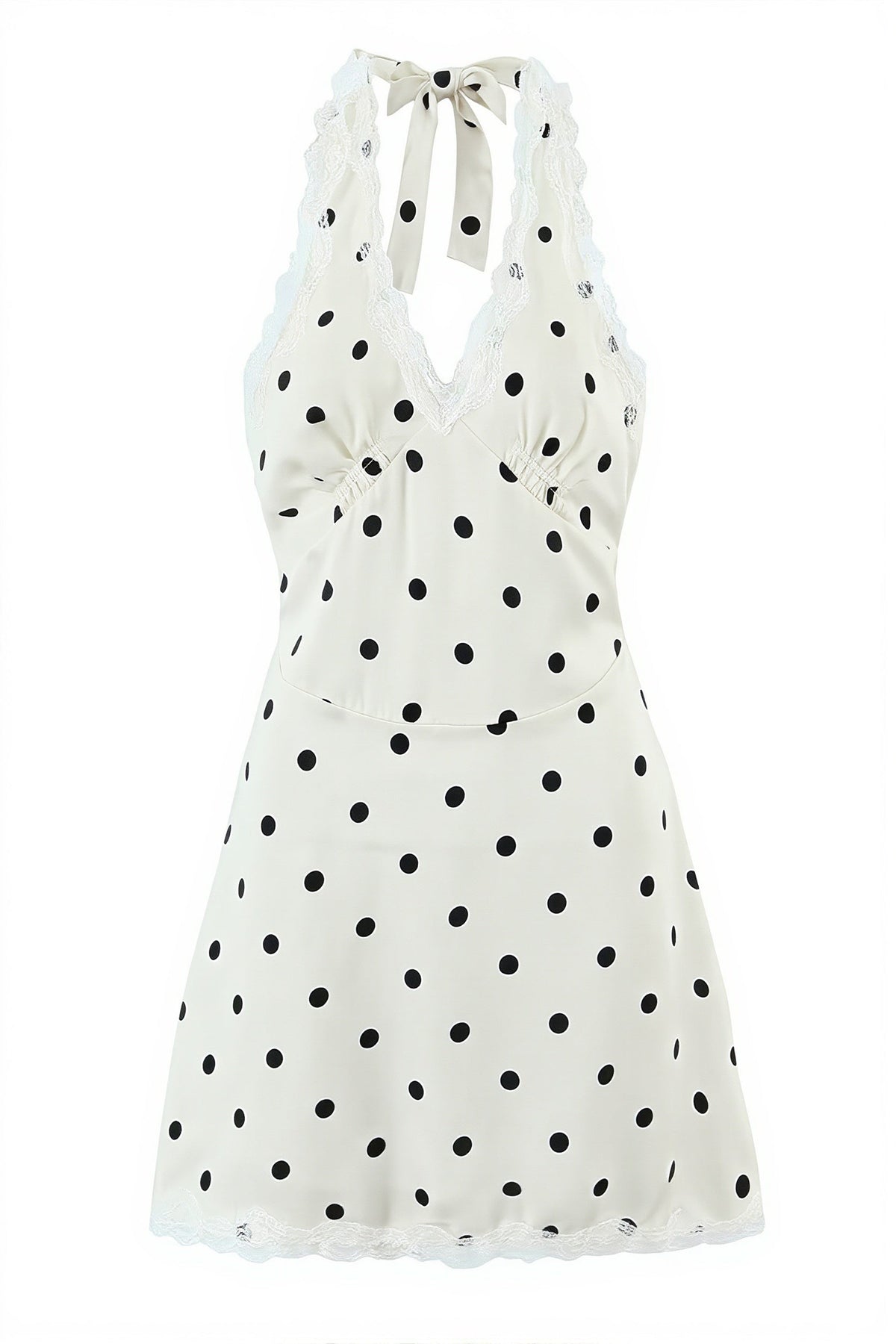 Polka Dot Lace Trim Halter Neck Mini Slip Dress