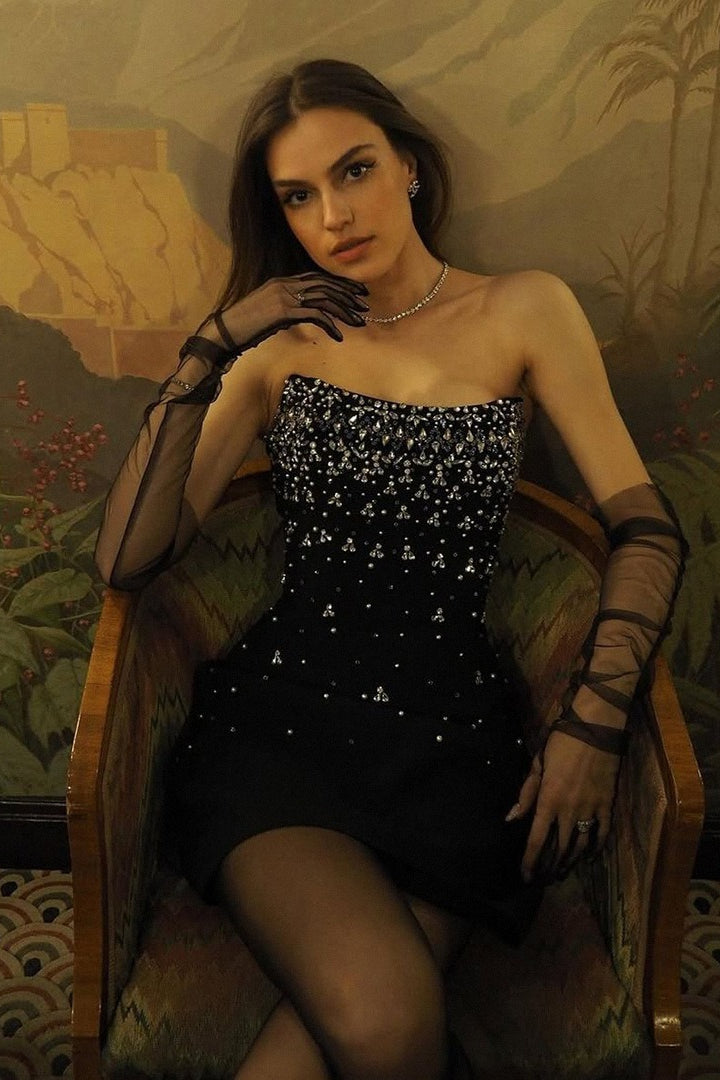 Beaded Rhinestone Strapless Fit-and-Flare Mini Dress 5