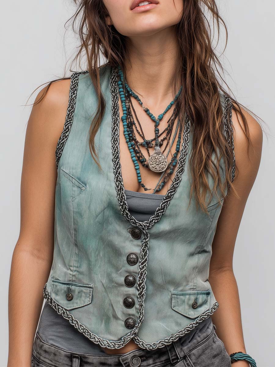 Vintage Washed Denim Mint Green Braided Trim Western Vest - Fashionpara
