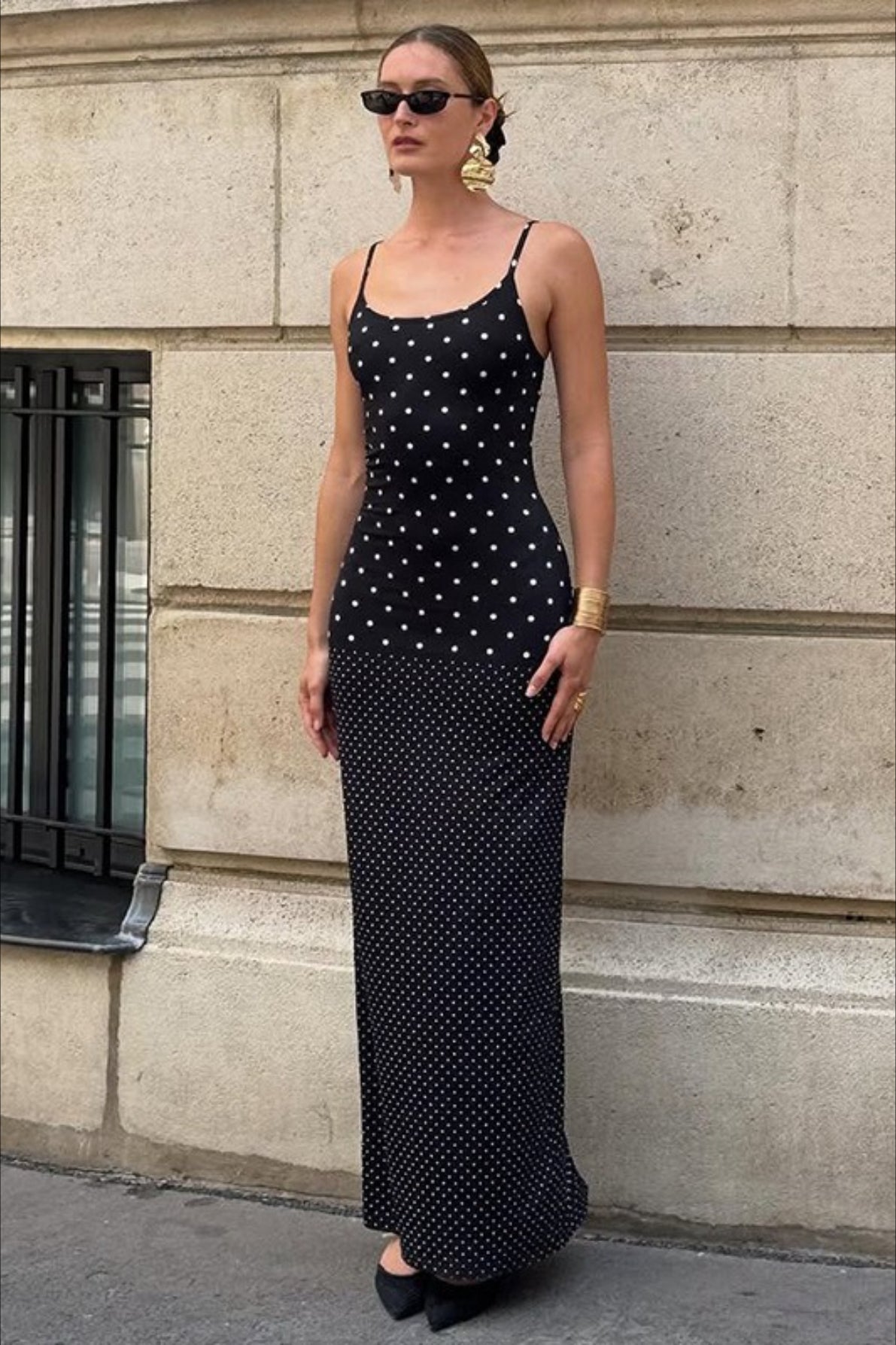 Retro Polka Dot Long Body Hugging Slip Dress